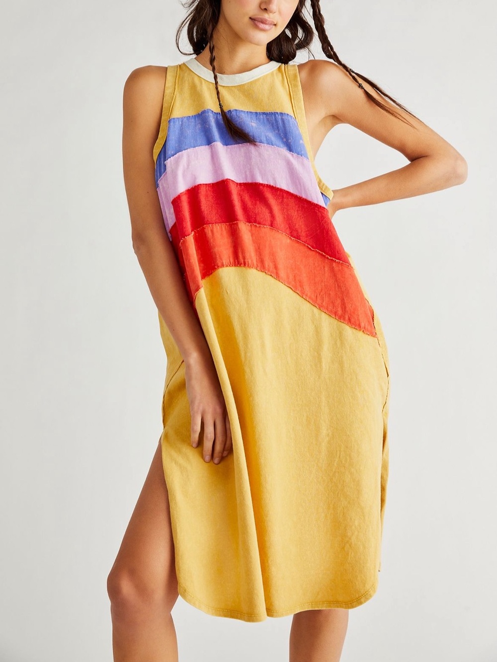 We The Free Yellow Sleeveless Tshirt dress Multi-Color Stripe Rainbow Panels